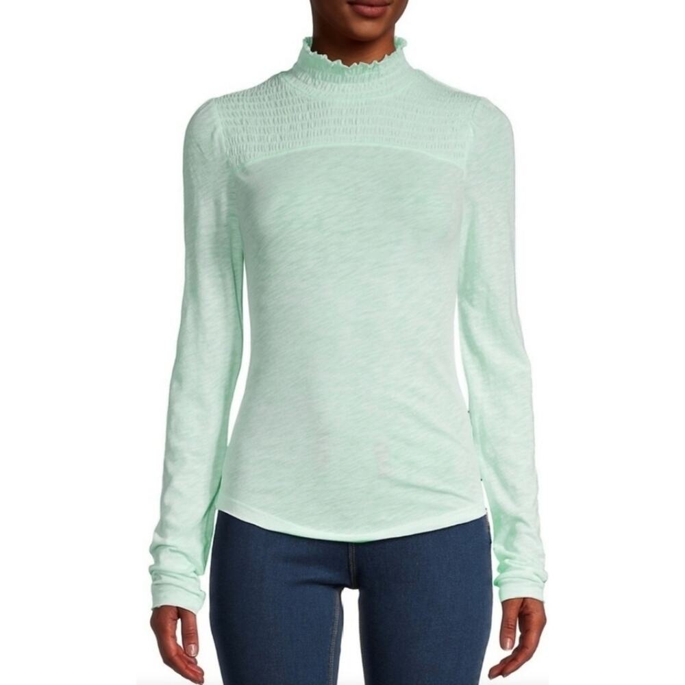 Free People NWT Caroline Top Size XS - Smocked Long Sleeve Iced Aqua Mock Neck